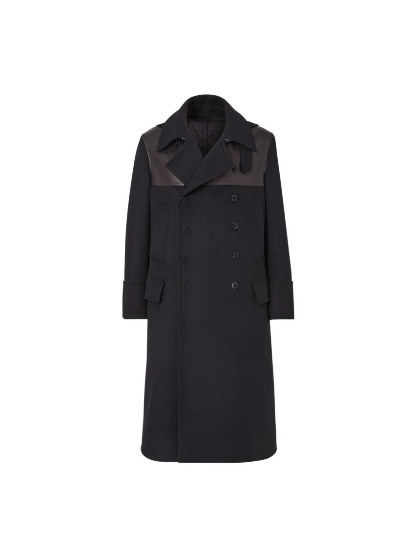 Fendi Black Double-Breasted Leather Yoke Virgin Wool Trench Coat