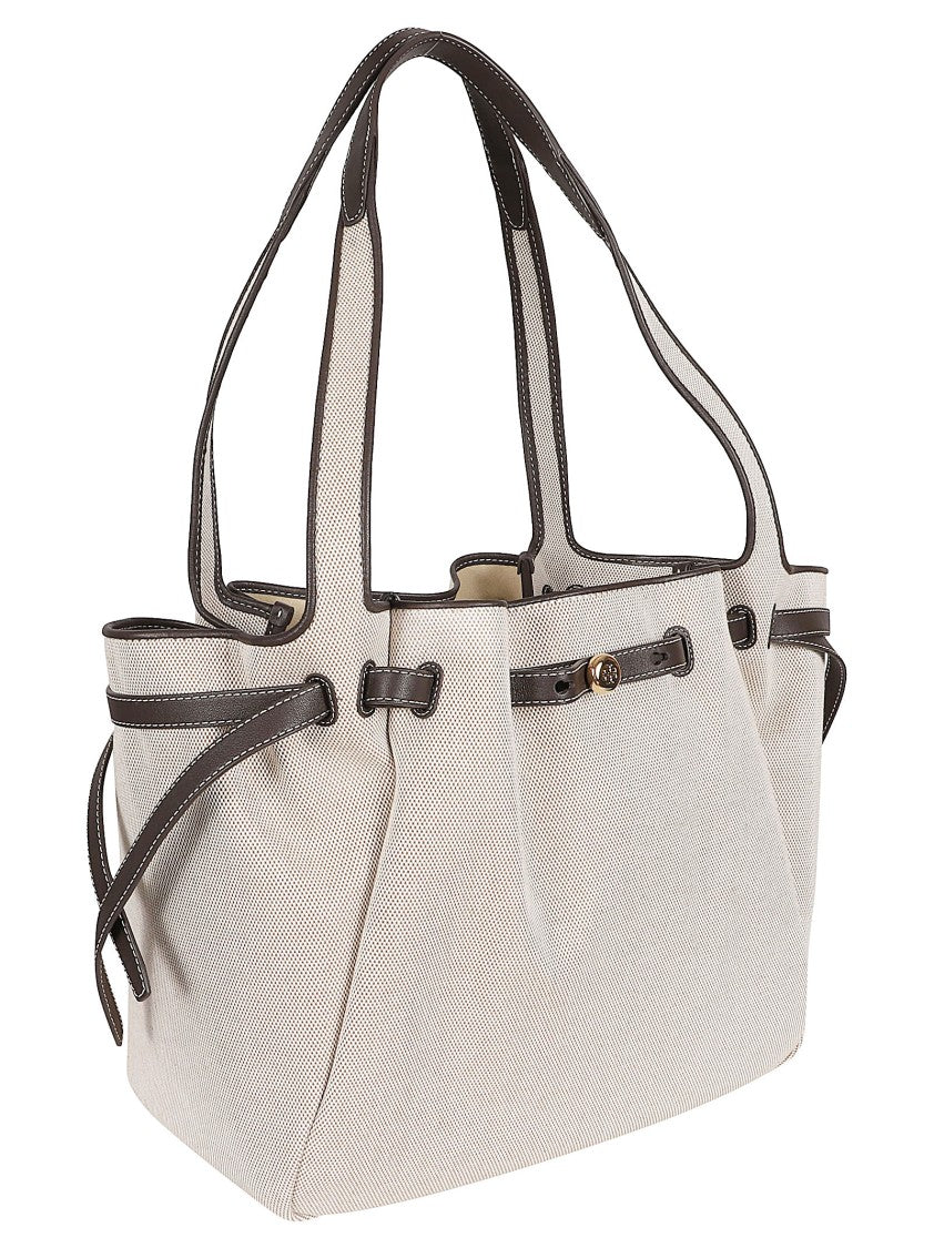 Tory Burch Textured Cotton Tote Bag With Leather Trim And Adjustable Width