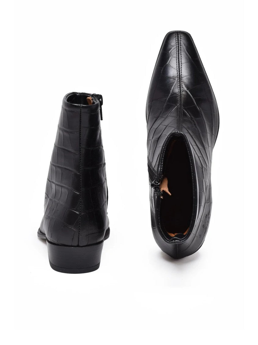 Copenhagen Studios Black Textured Leather Zip Pointed Toe Ankle Boots
