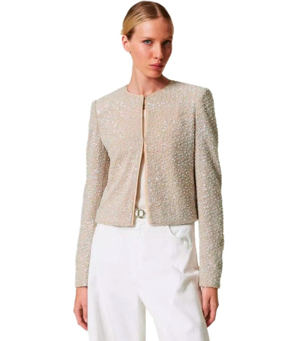 Twin-Set Beige Sequins Cropped Jacket