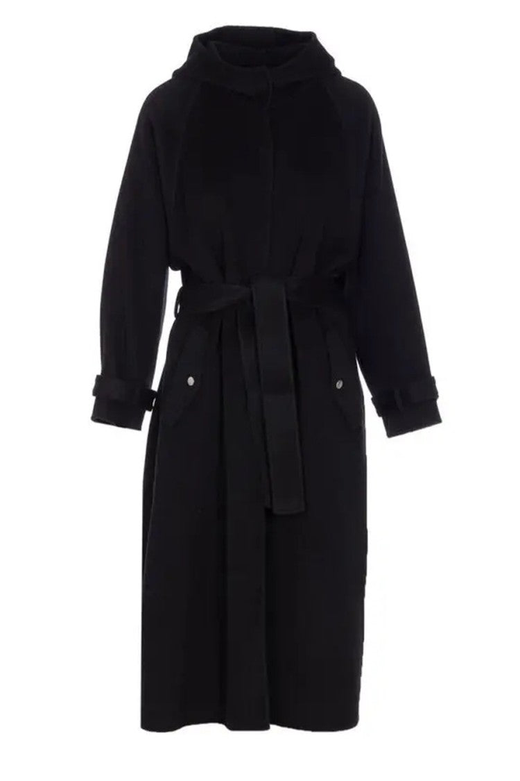 Pinko Black Hooded Raglan Knotted Belt Wool-Blend Coat