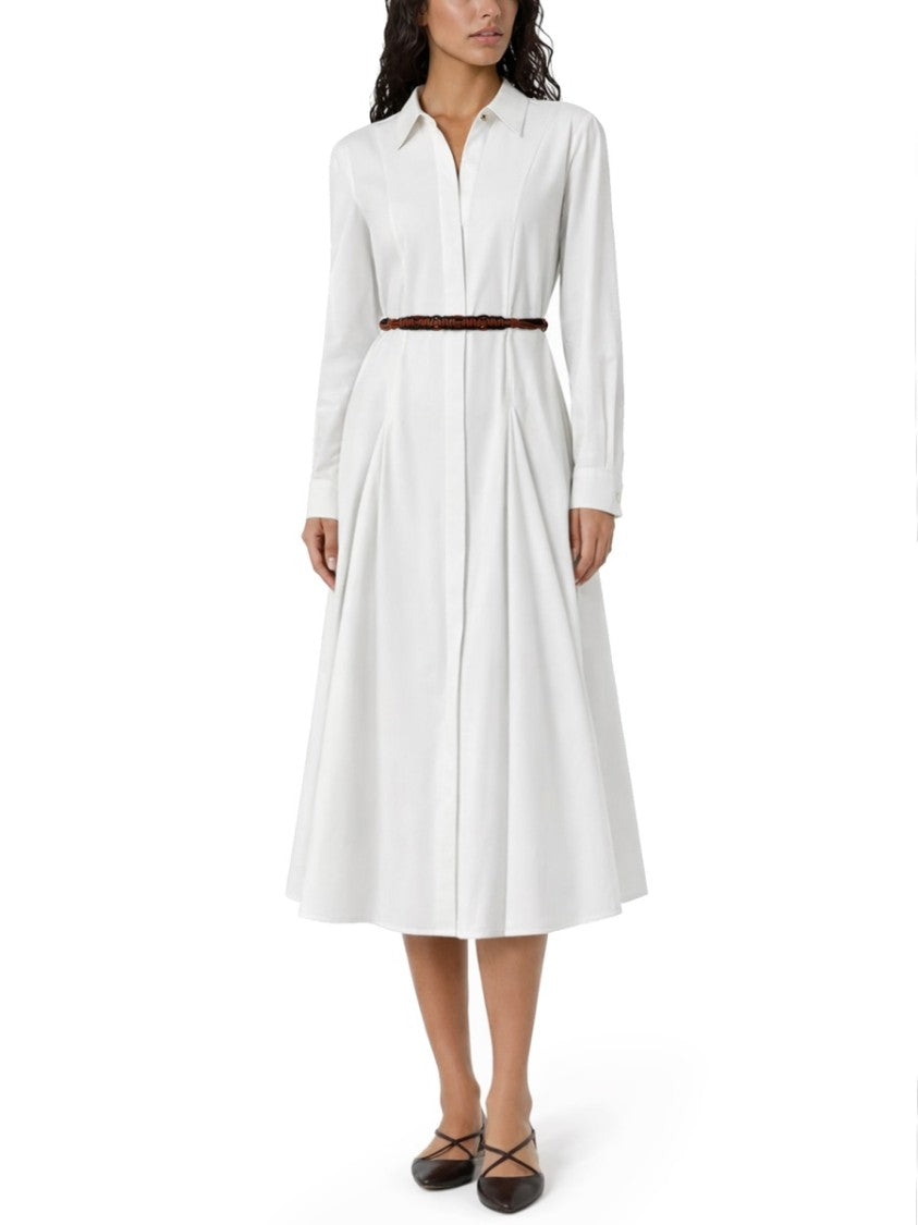 Max Mara White Poplin Midi Dress With Shirt Collar And Fitted Waist