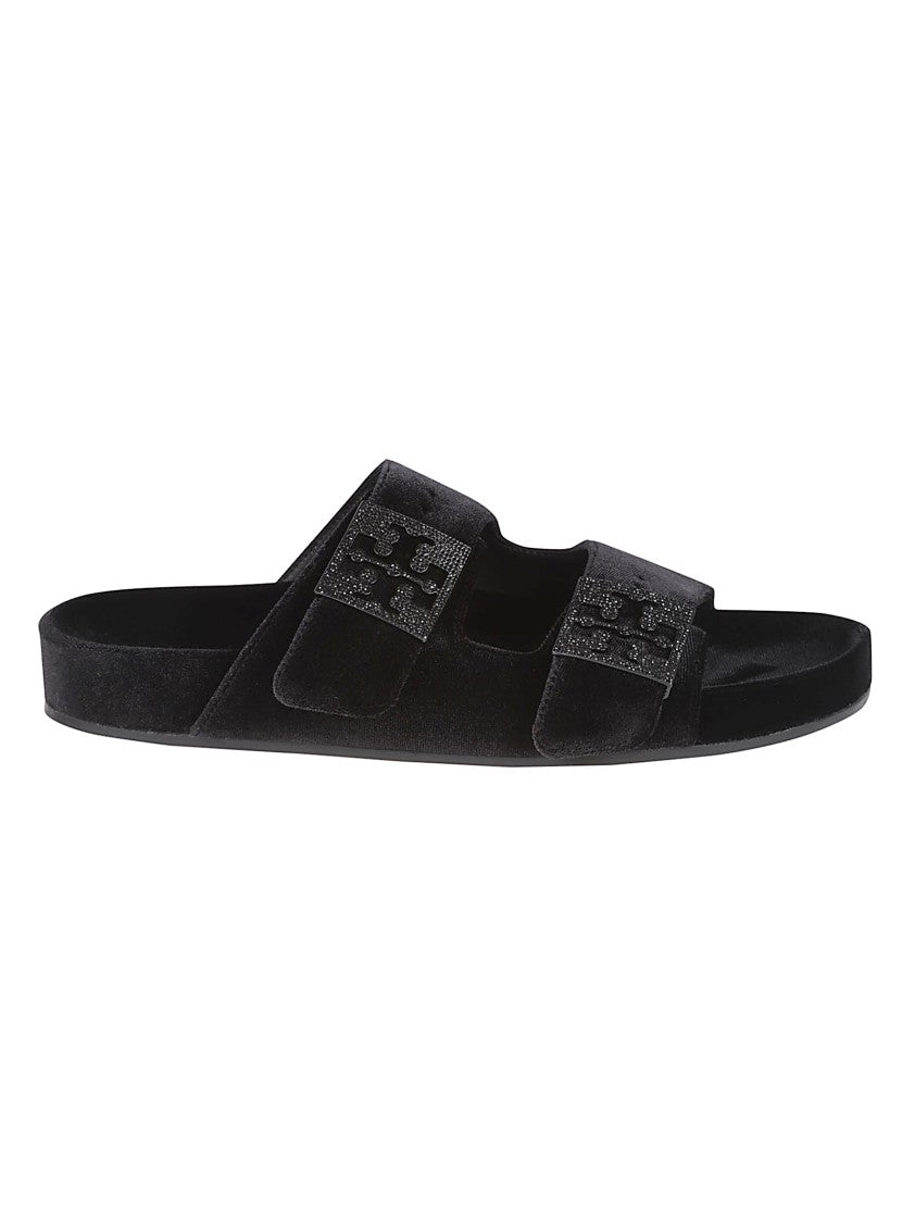 Tory Burch Black Velvet Two-Strap Sandals With Pave-Embellished Hardware