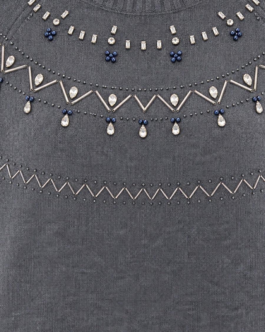 Liu Jo Gray Melange Crystal Embellished Wool Sweater