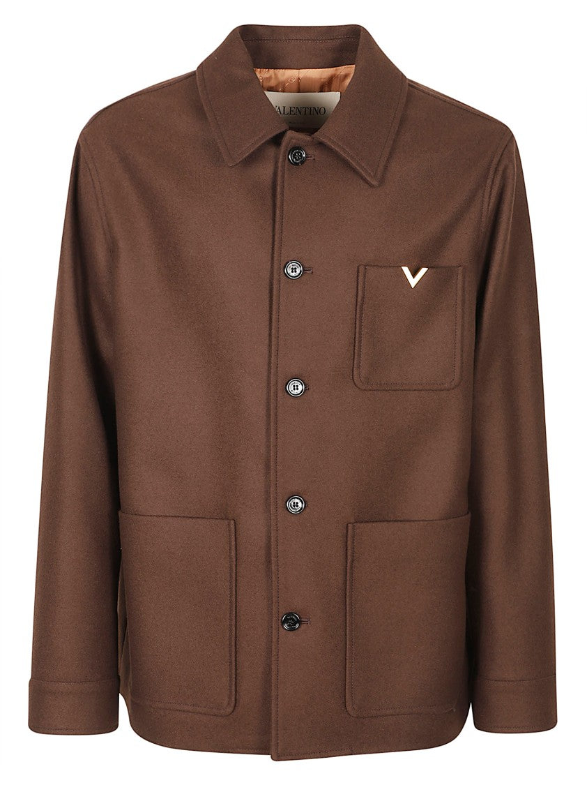 Valentino Garavani Structured Wool Shirt Jacket With Classic Collar And V-Shaped Accent