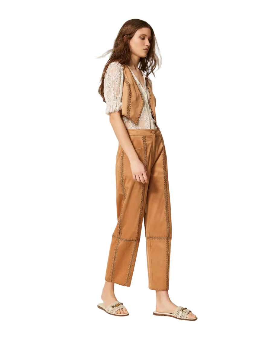 Twinset U&B Brown Suede-Effect Saddle Stitch Straight-Leg Pants