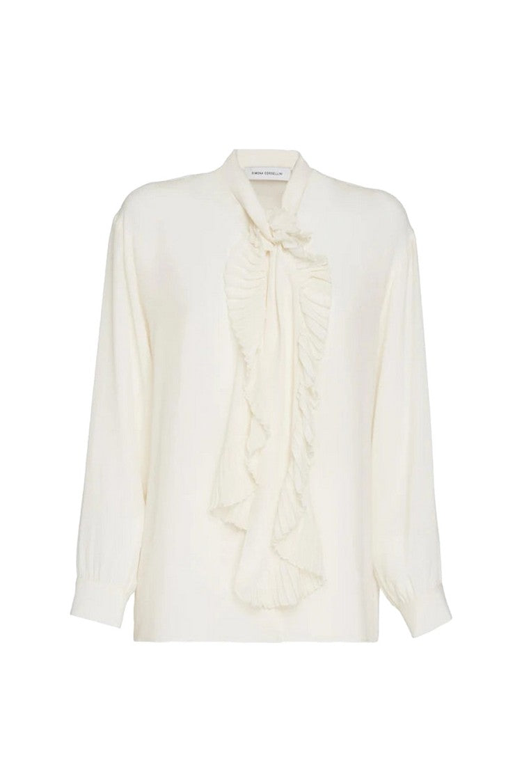 Simona Corsellini Ivory Viscose-Silk Blend Ruffled Tie-Neck Blouse