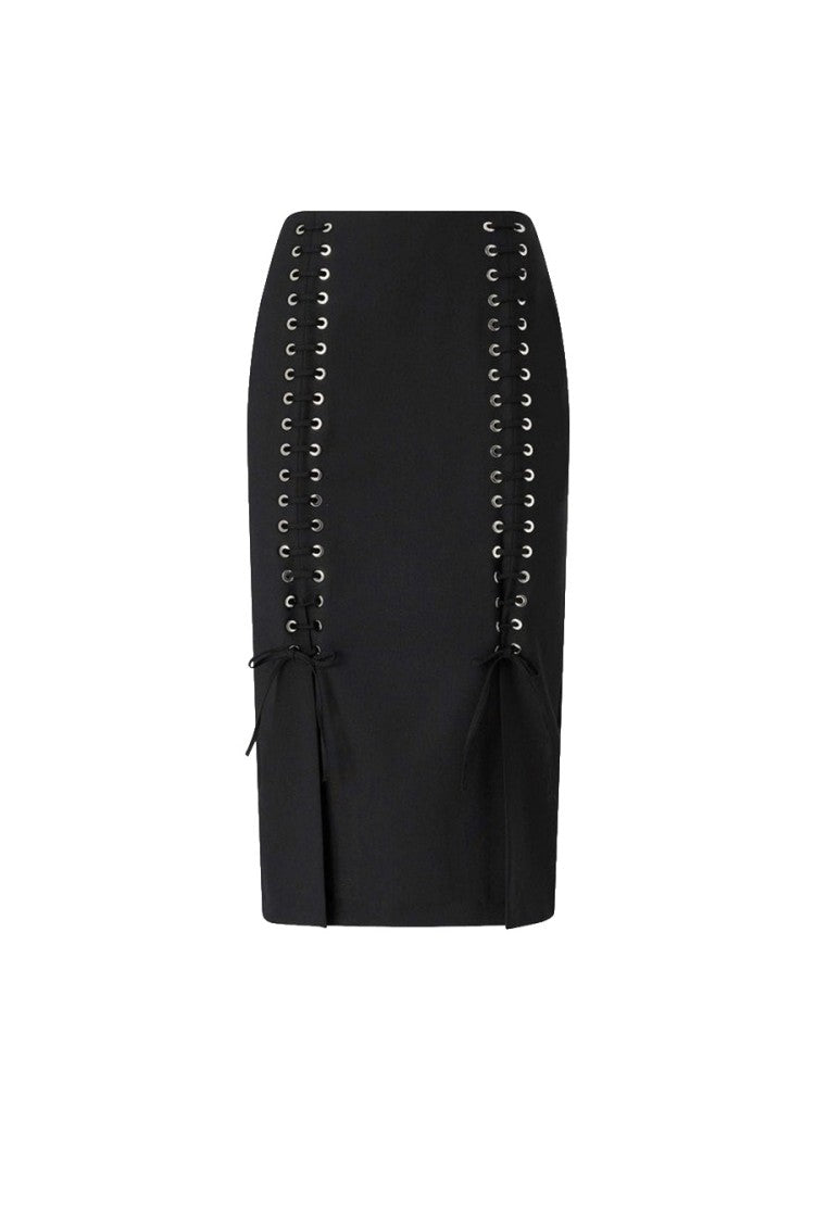 Pinko Black Polyester-Wool Blend Lace-Up Pencil Skirt