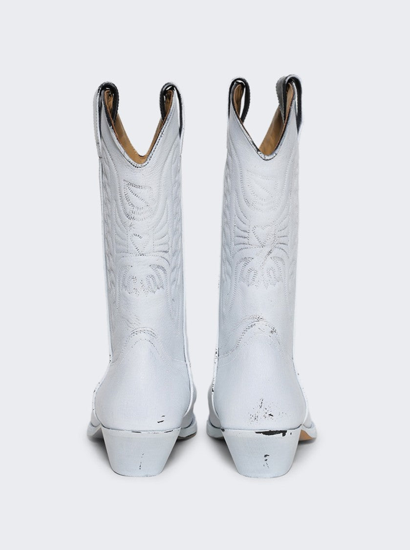 Mm6 By Maison Margiela Pointed Toe Leather Boots With Embroidery And Stacked Cuban Heel