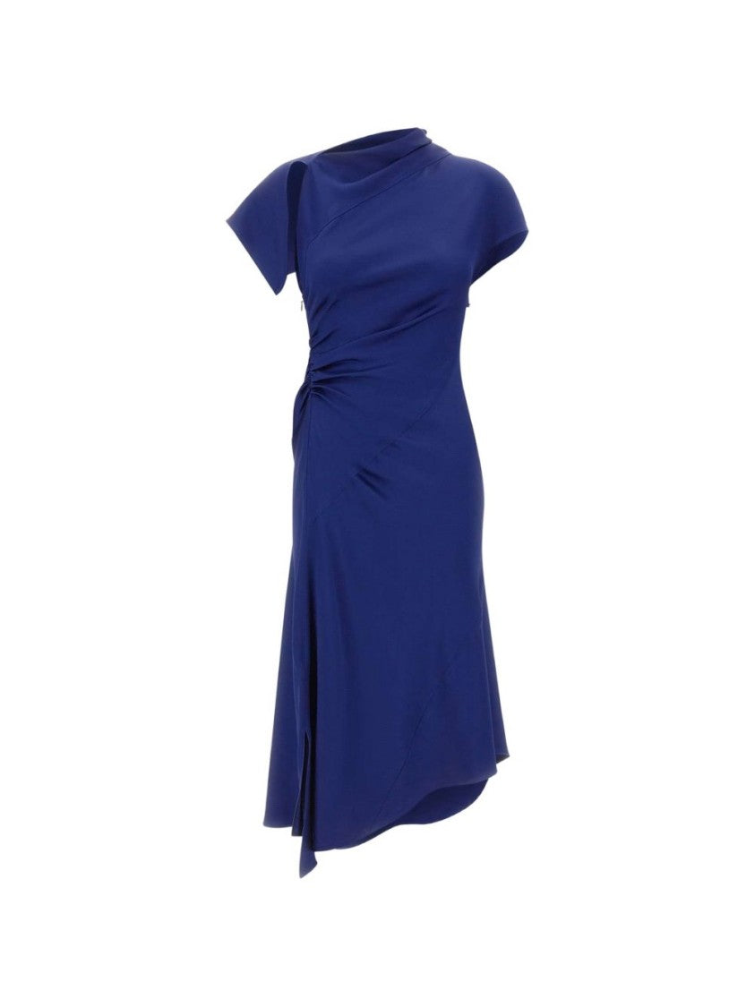 Victoria Beckham Blue Asymmetric Hem Midi Dress With Short Sleeves And Draped Details