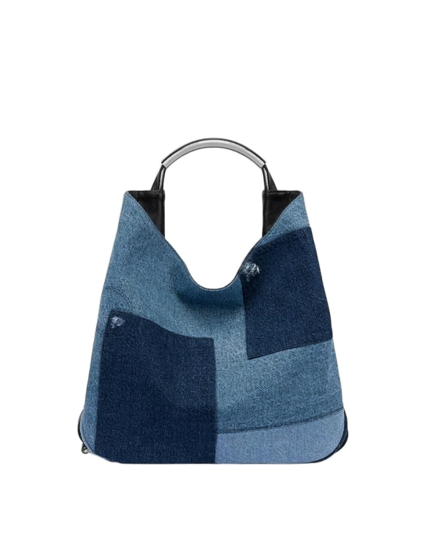 Moschino Patchwork Denim Shoulder Bag With Silver-Tone Accents