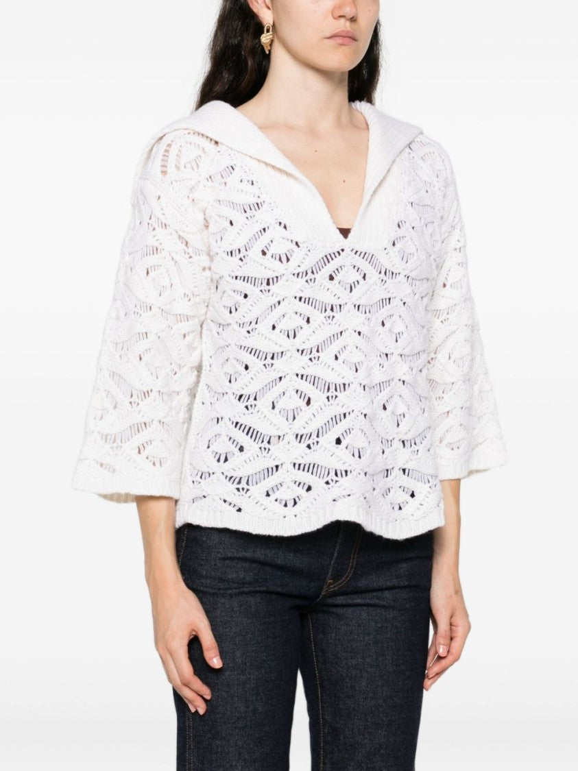 Tabaroni Cashmere Openwork White Knit Top With Scalloped Hem
