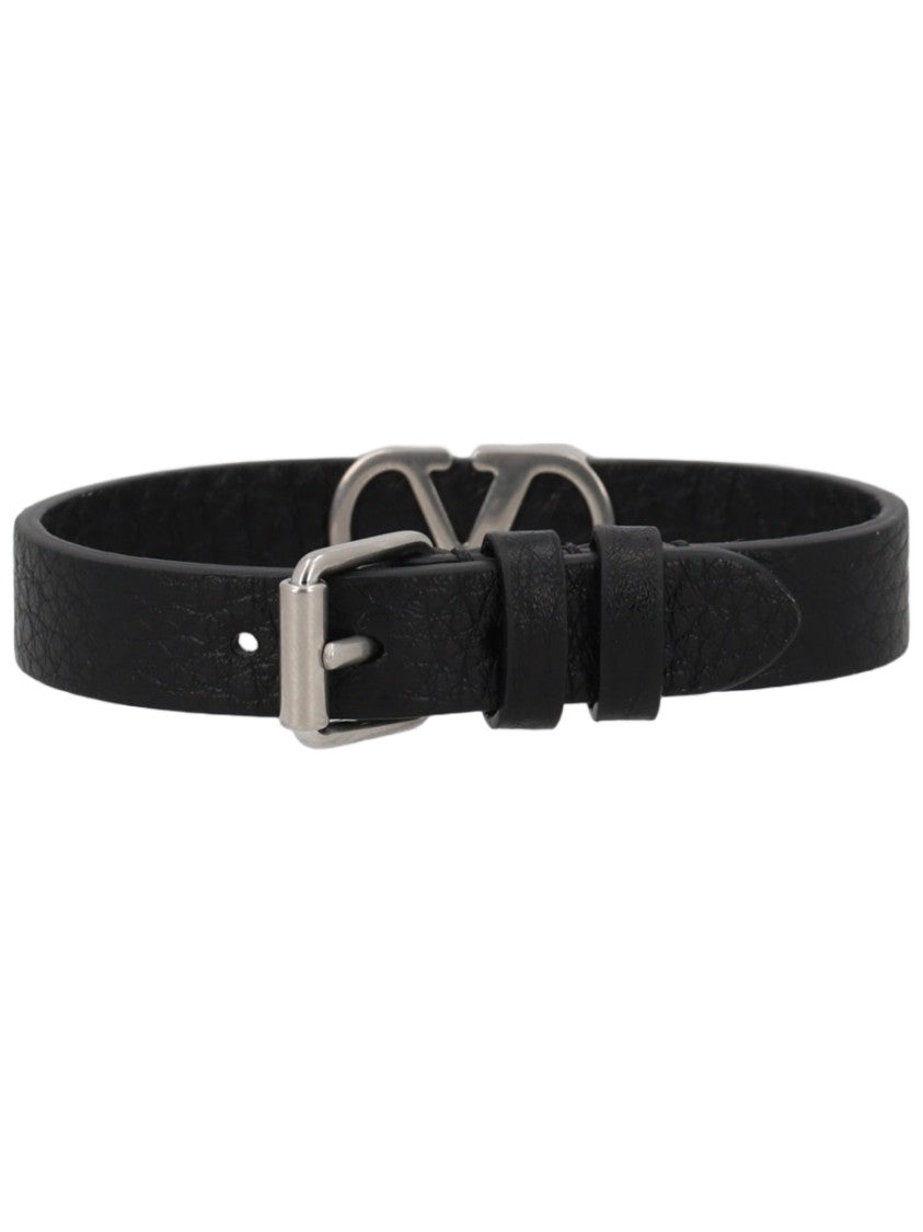 Valentino Garavani Vlogo Signature Textured Black Leather Bracelet