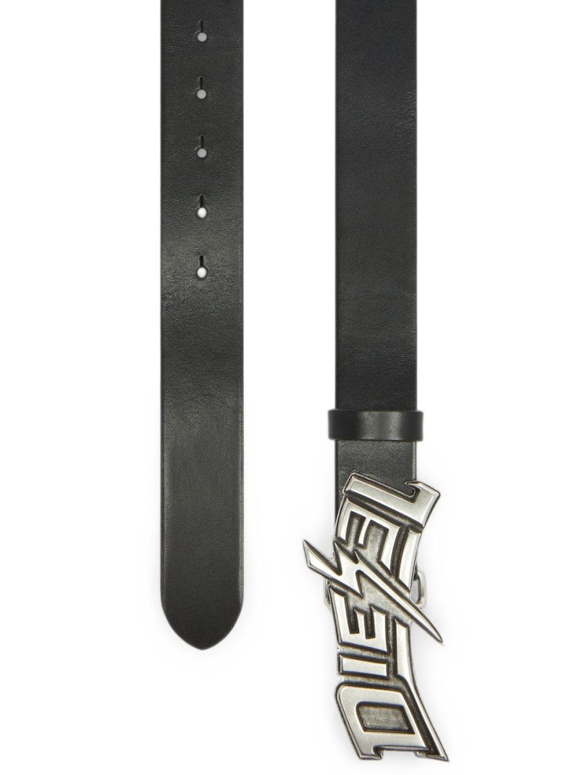 Diesel Black Lightning Bolt Design Metallic Buckle Silk-Nylon Blend Belt