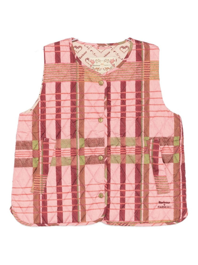 Barbour Quilted Pink And Beige Plaid Vest