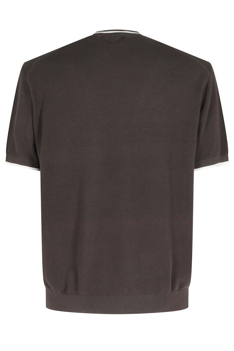 Paolo Pecora Brown Round Neck Contrast-Striped Cotton Knit T-Shirt