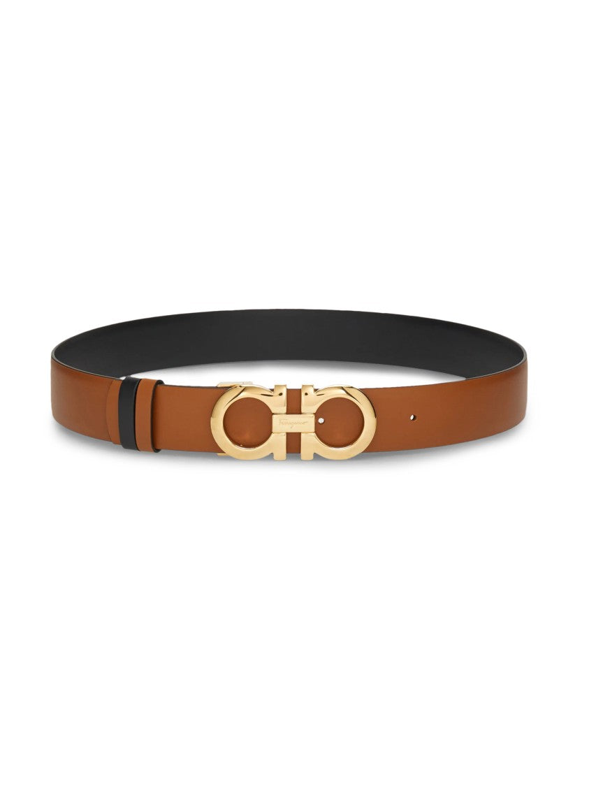 Ferragamo Brown Leather Belt With Gold-Tone Double Gancini Buckle