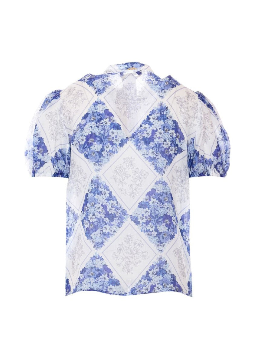 Twin-Set Blue Floral Pattern Ramie Shirt With Scalloped Finish