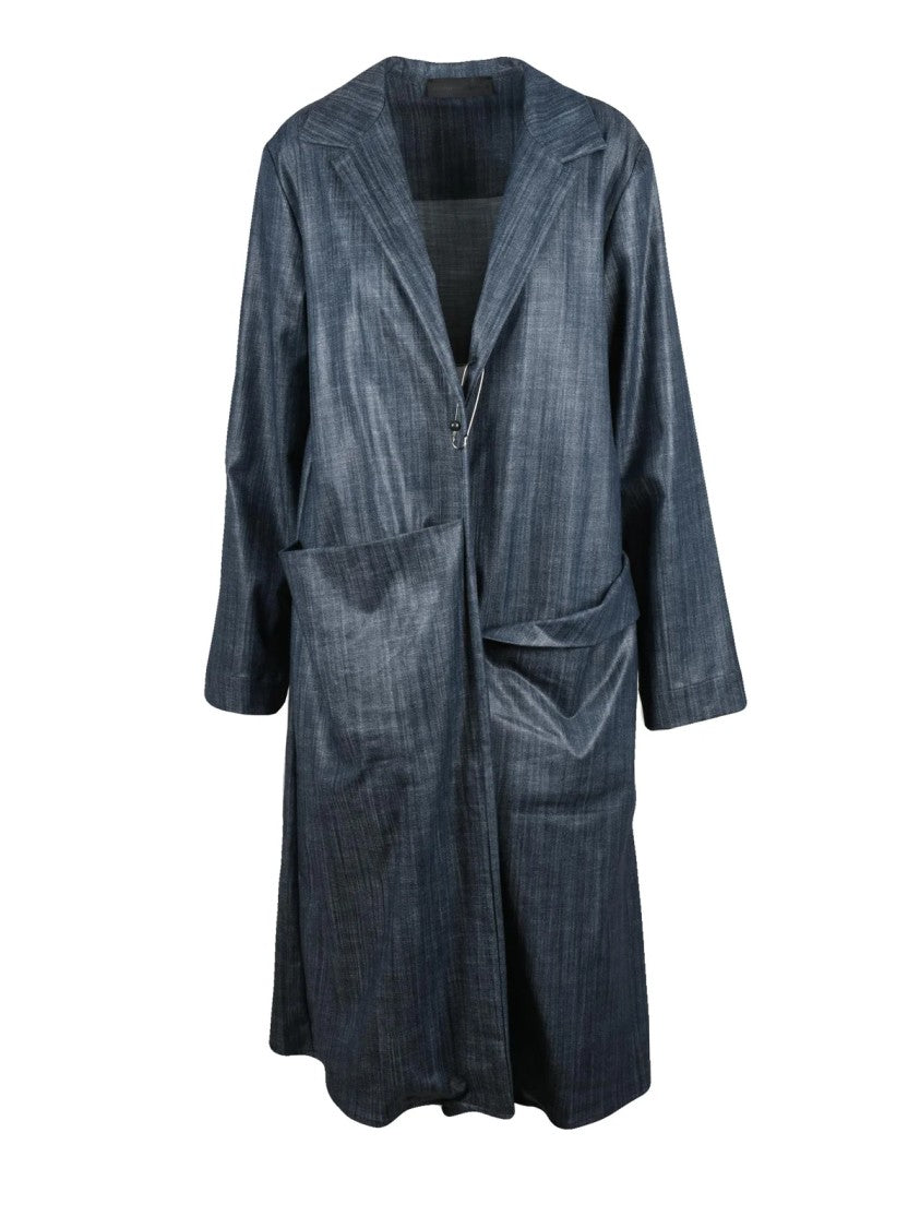Maria Calderara Fluid Long Duster Coat With Waxed Effect And Brooch Closure