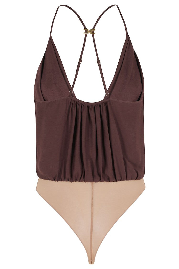 Elisabetta Franchi Brown Viscose Georgette Logo-Jewel Viscose Bodysuit