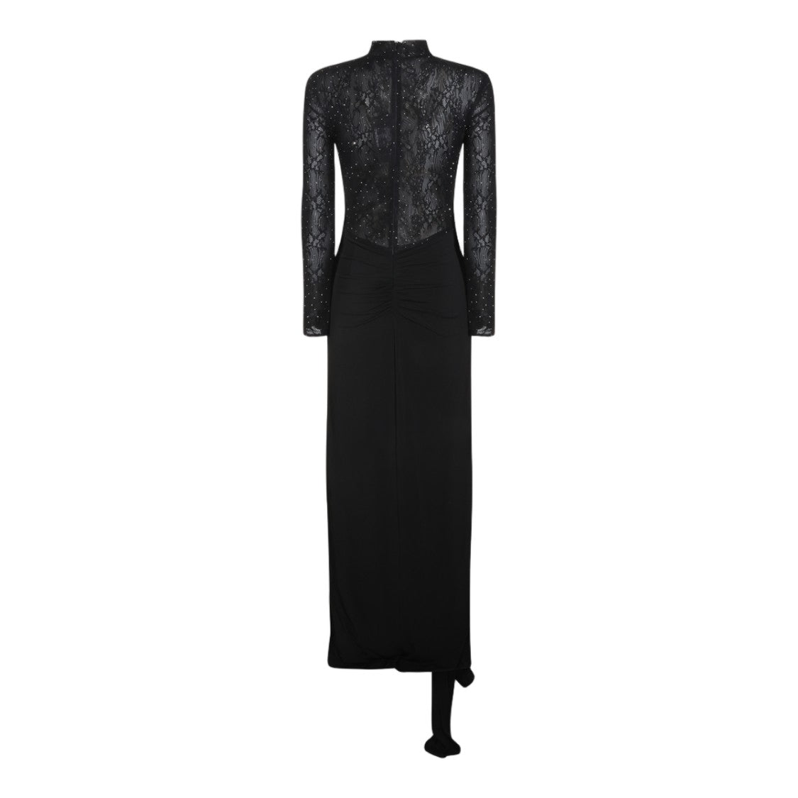 Nissa Draped Asymmetrical Hem Lace Bodice Fitted Dress