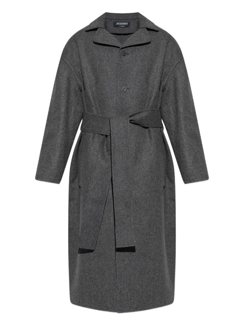 Jacquemus Grey Belted Coat With Notched Lapels