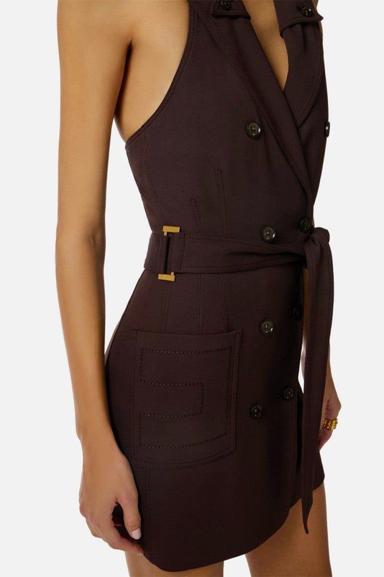 Elisabetta Franchi Brown Double-Breasted Halter V-Neck Viscose-Blend Mini Dress