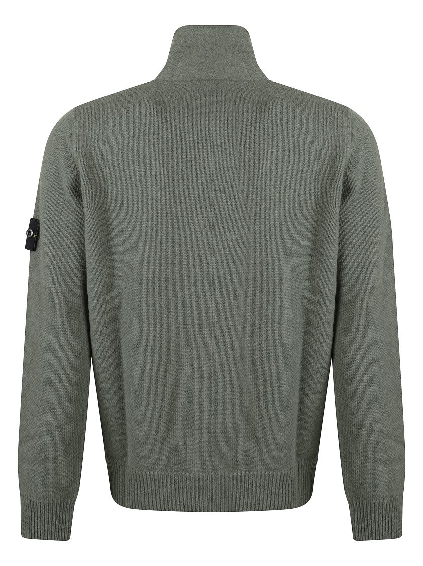 Stone Island Textured Knit Sweater With High Collar And Buttoned Front