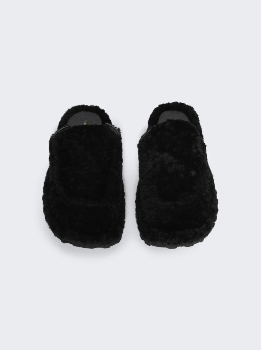 Dries Van Noten Black Shearling Mules With Rounded Toe