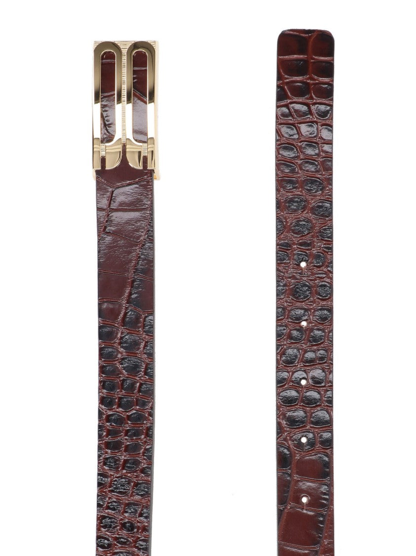Victoria Beckham Crocodile-Embossed Brown Belt With Geometric Buckle