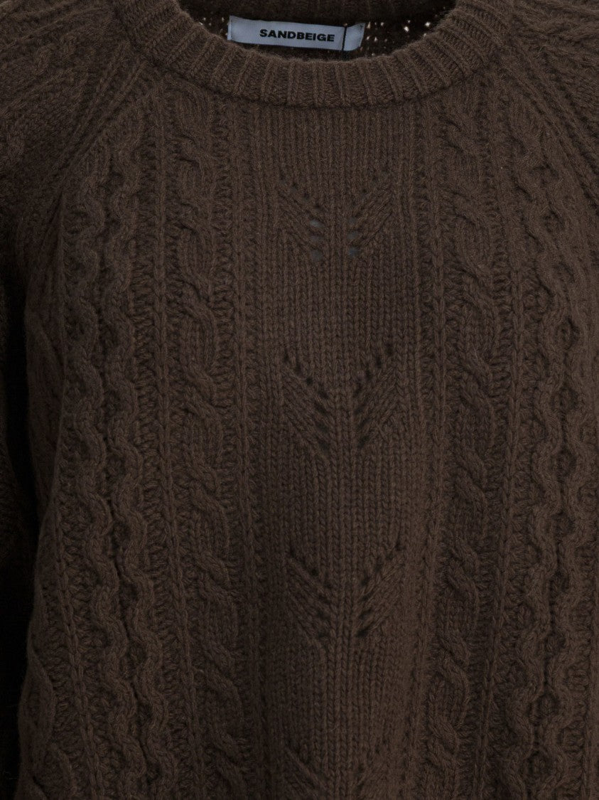 Sandbeige Cable Knit Sweater With Crew Neckline