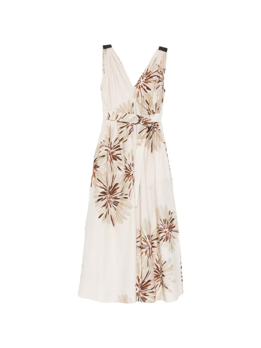 Brunello Cucinelli White Brown Floral Print Cotton Midi Dress