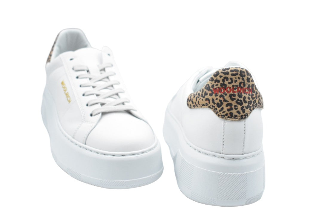 Woolrich Leopard-Accent White Platform Sneakers