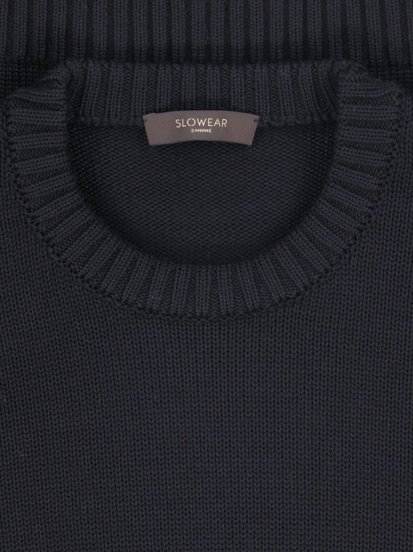Zanone Black Ribbed Detail Crewneck Wool Sweater