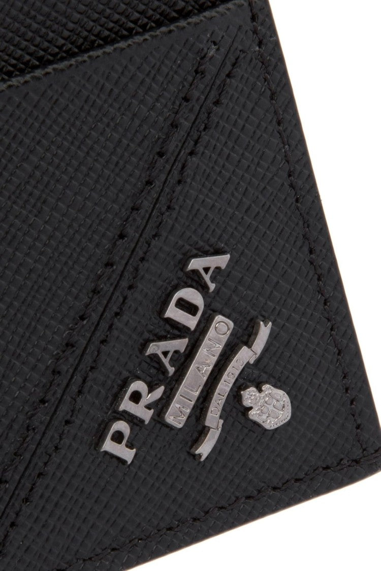 Prada Textured Black Card Wallet With Metallic Logo Detail