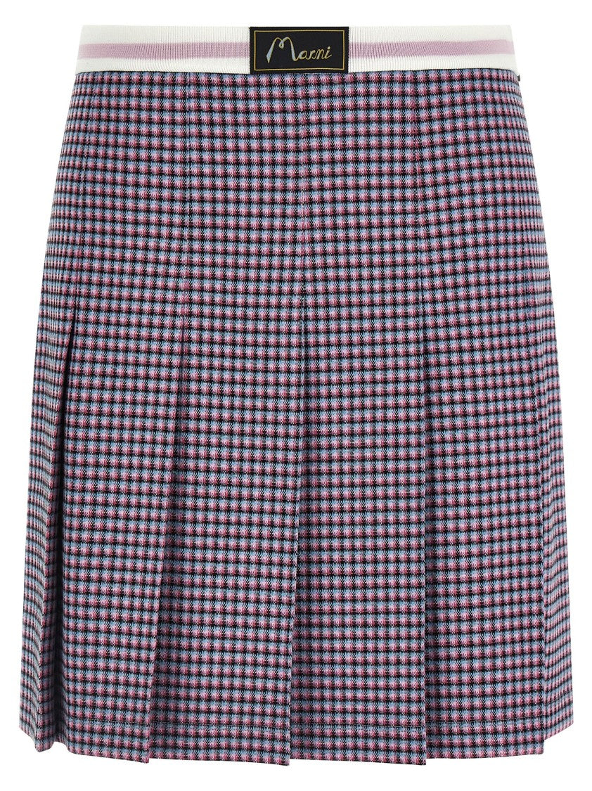 Marni Pleated Houndstooth Miniskirt With Logo Waistband