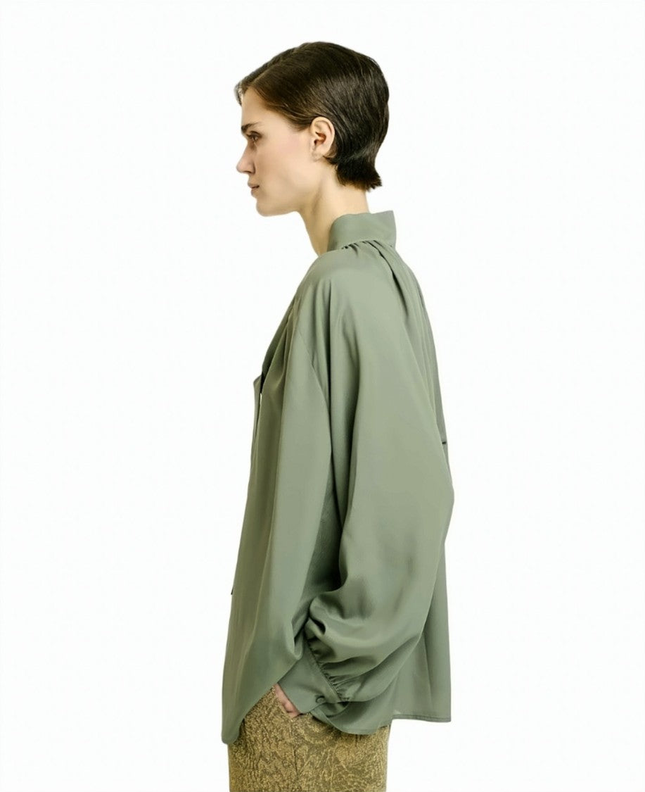 Momonì Oversized Viscose Georgette Gathered V-Neck Blouse