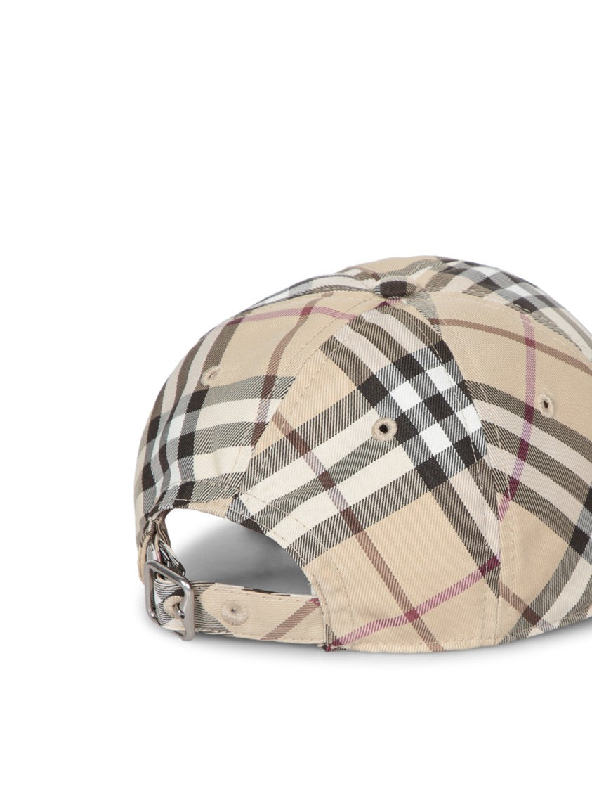 Burberry Beige Check Pattern Cap With Embroidered Logo