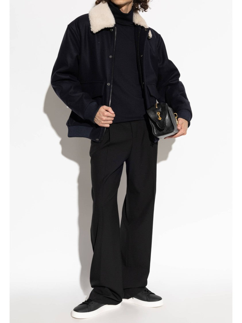 Balmain Navy Bomber Structured Shearling Jacket