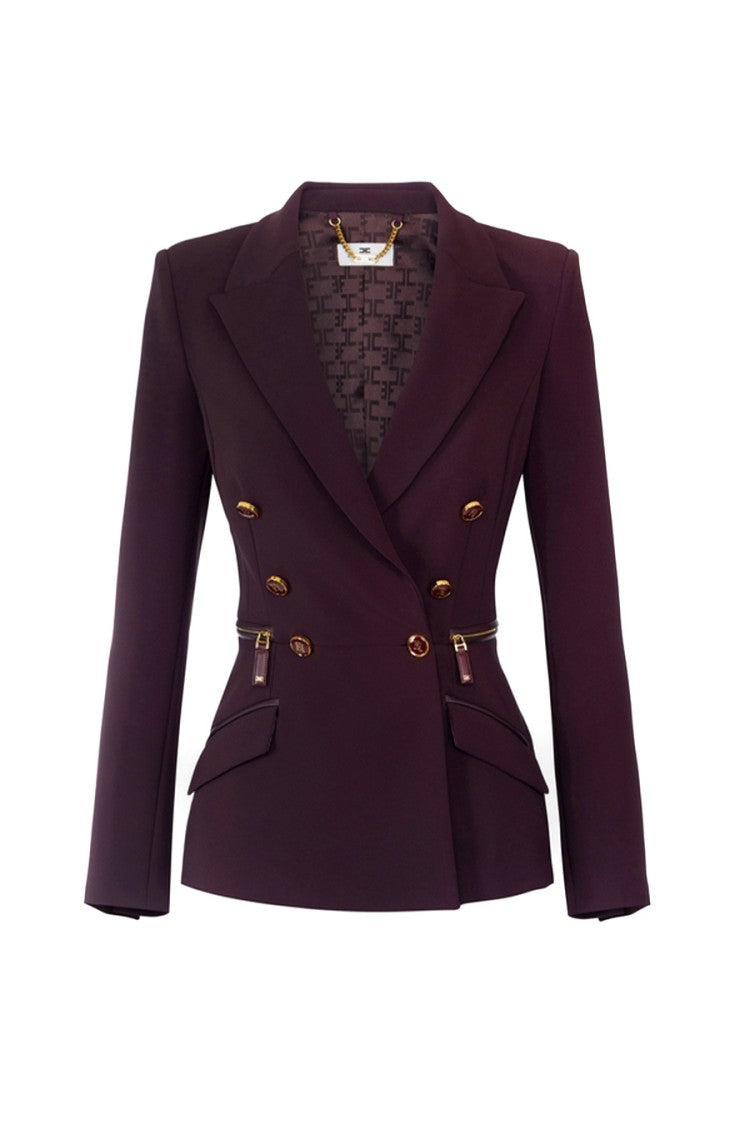 Elisabetta Franchi Merlot Double-Breasted Peak Lapel Polyester-Blend Blazer