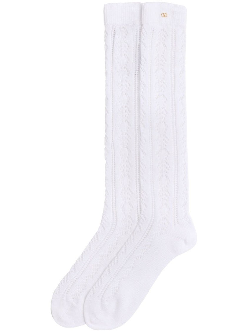Valentino White Cotton Socks With Vlogo Signature And Crochet Knit Texture