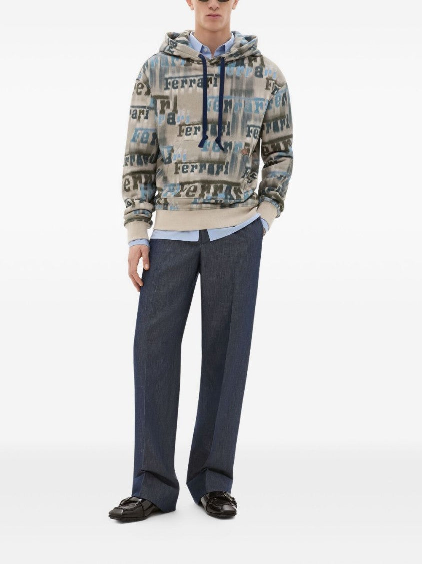 Ferrari Beige Hooded Sweatshirt With All-Over Logo Print And Pouch Pocket