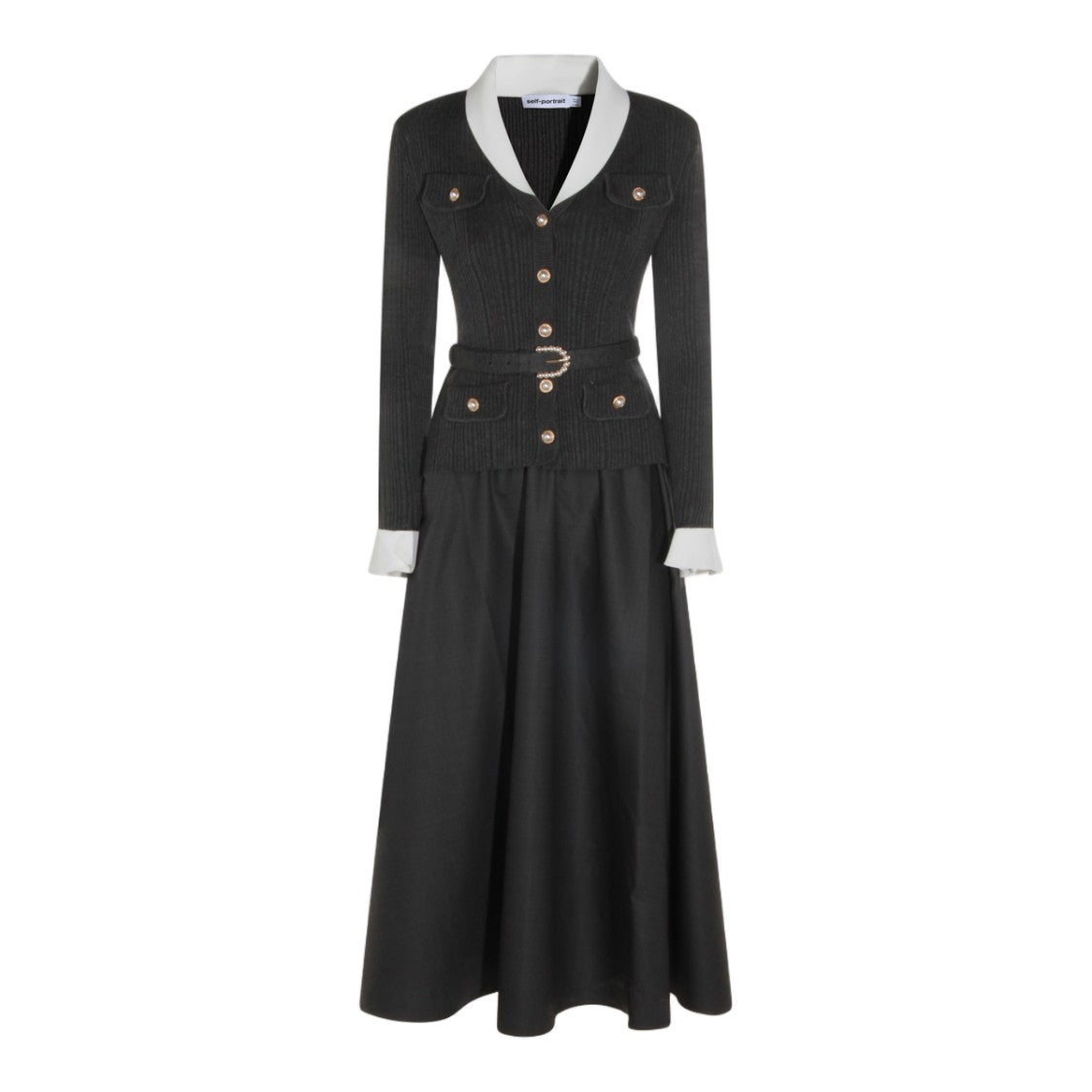Self-Portrait Fitted Ribbed Knit Midi Dress With Pearl Embellishments