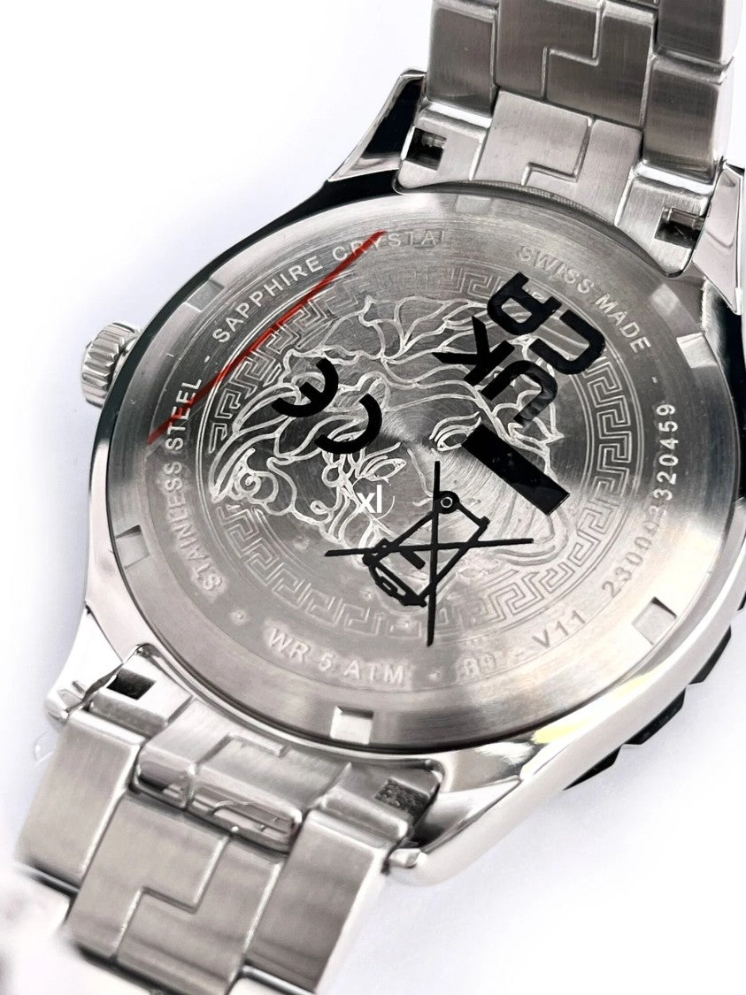 Versace Hellenyium Gmt Stainless Steel Watch With Black Dial And Sapphire Crystal