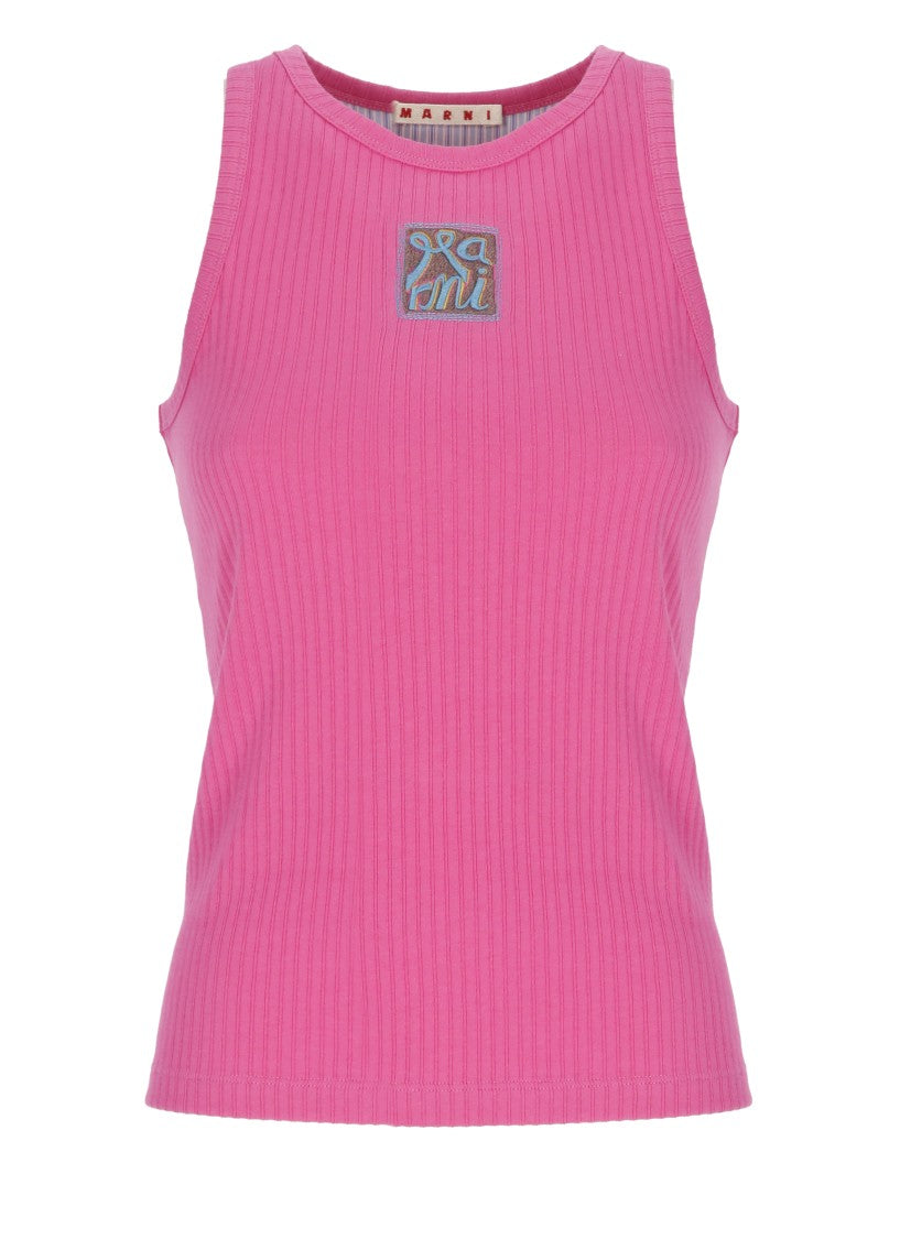 Marni Fuchsia Logo Ribbed Cotton Tank Top