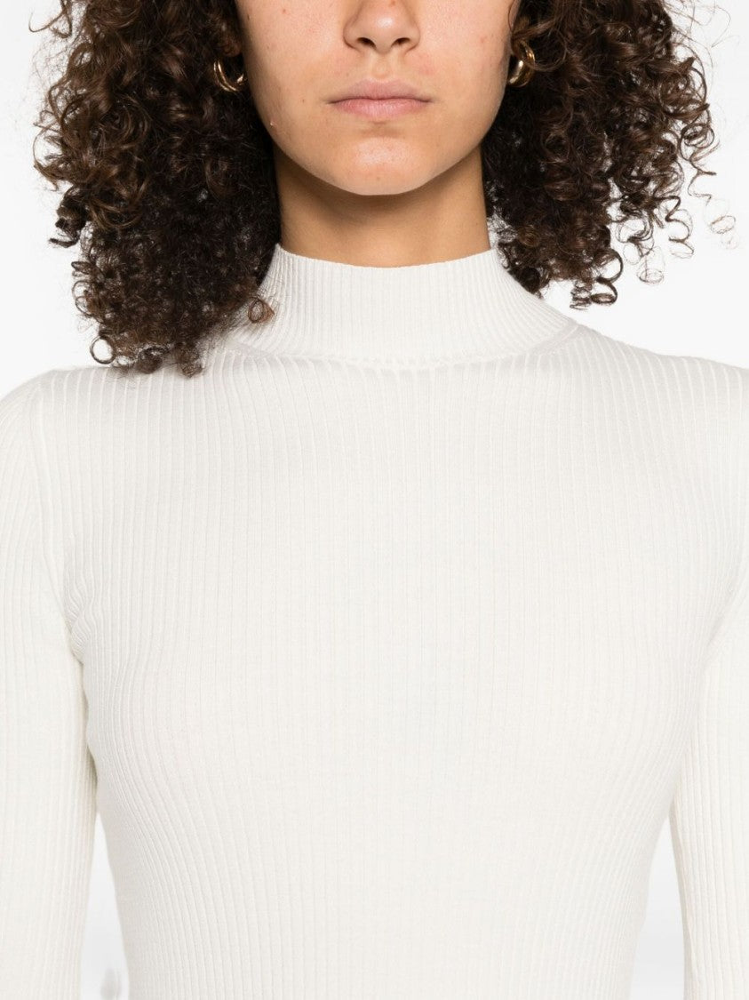 Twin-Set Ribbed White Sweater With High Neckline