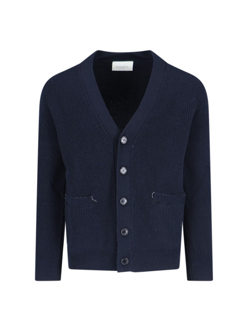 Ballantyne Navy Blue Ribbed Knit Cardigan With V-Neckline