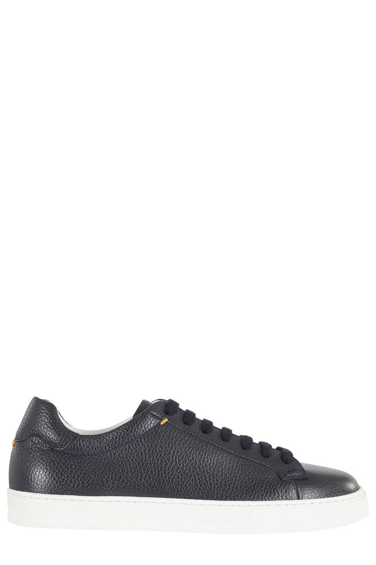 Doucal's Navy Blue Hammered Leather Rubber-Sole Sneakers