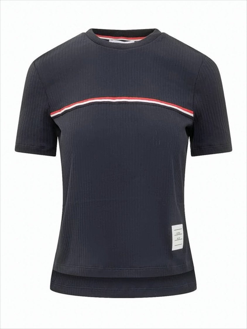 Thom Browne Ribbed Knit Short-Sleeved Top With Tricolor Accent