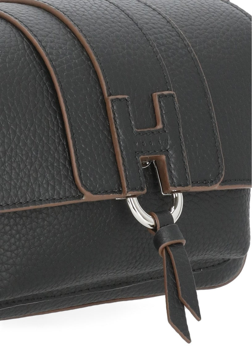 Hogan Structured Black Leather Flap Hogan Shoulder Bag